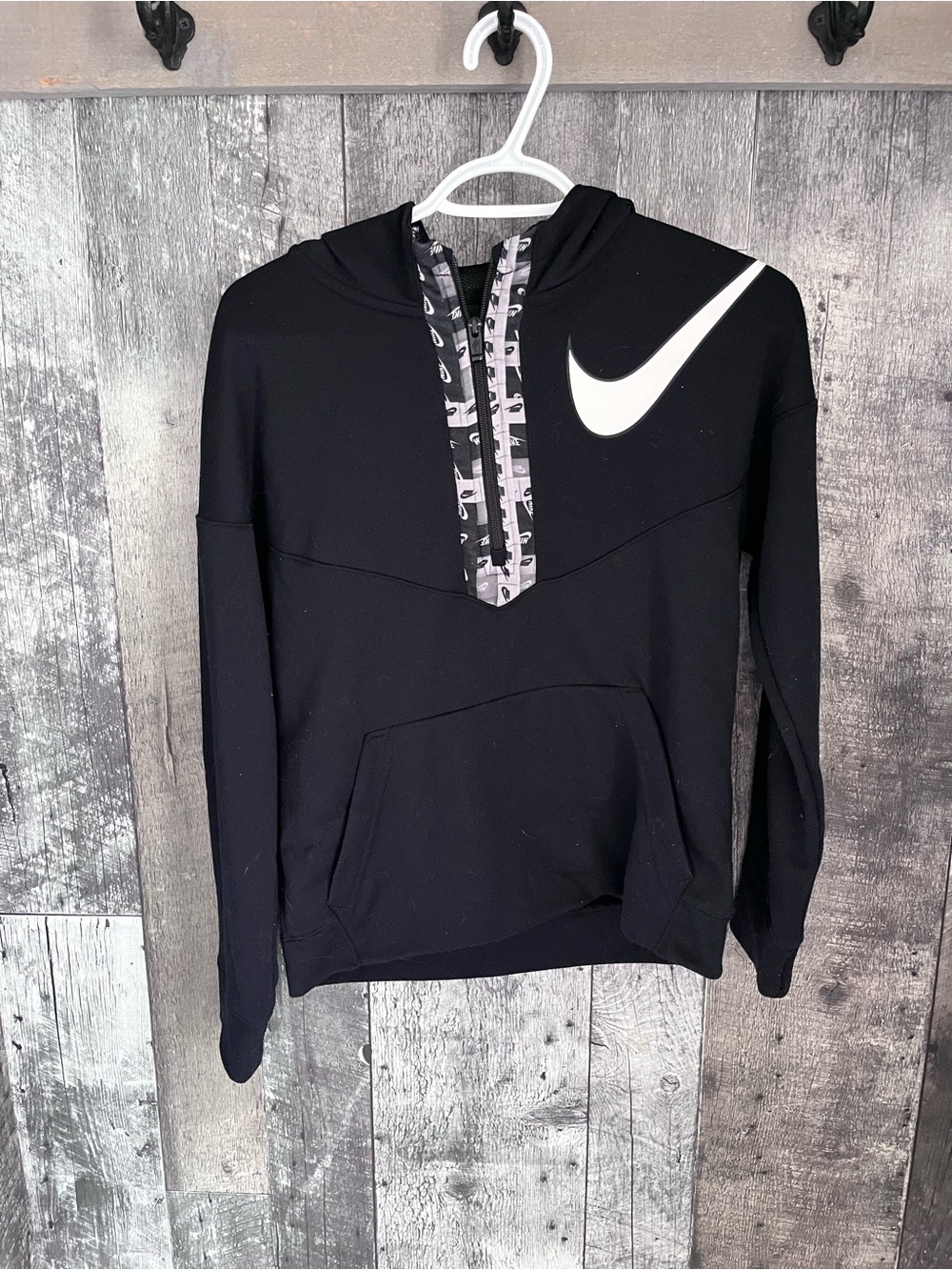 Nike Black Pullover Hoodie with White Swoosh boys large